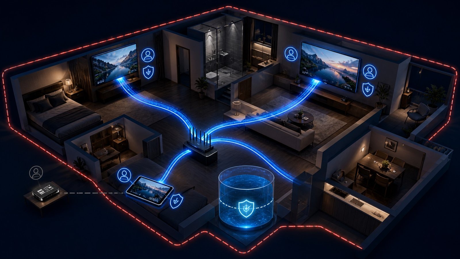Casa con televisore, tablet e telefono collegati a stream simultanei conteggiati — IPTV più dispositivi stream simultanei