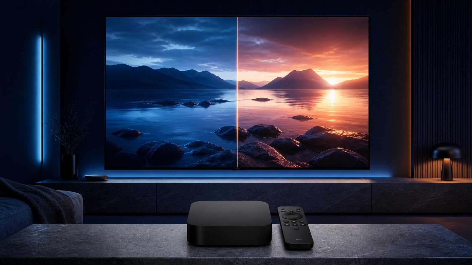 Apple TV collegata via HDMI con telecomando e controlli audio-video — configurare IPTV Apple TV