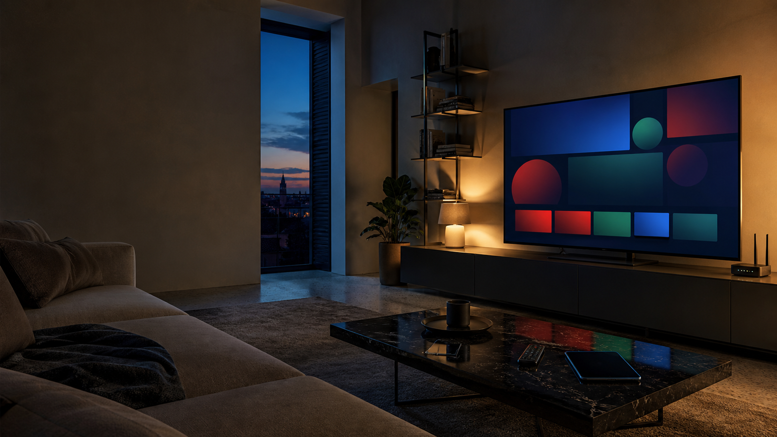 Soggiorno italiano moderno con Smart TV, router, smartphone e tablet per IPTV
