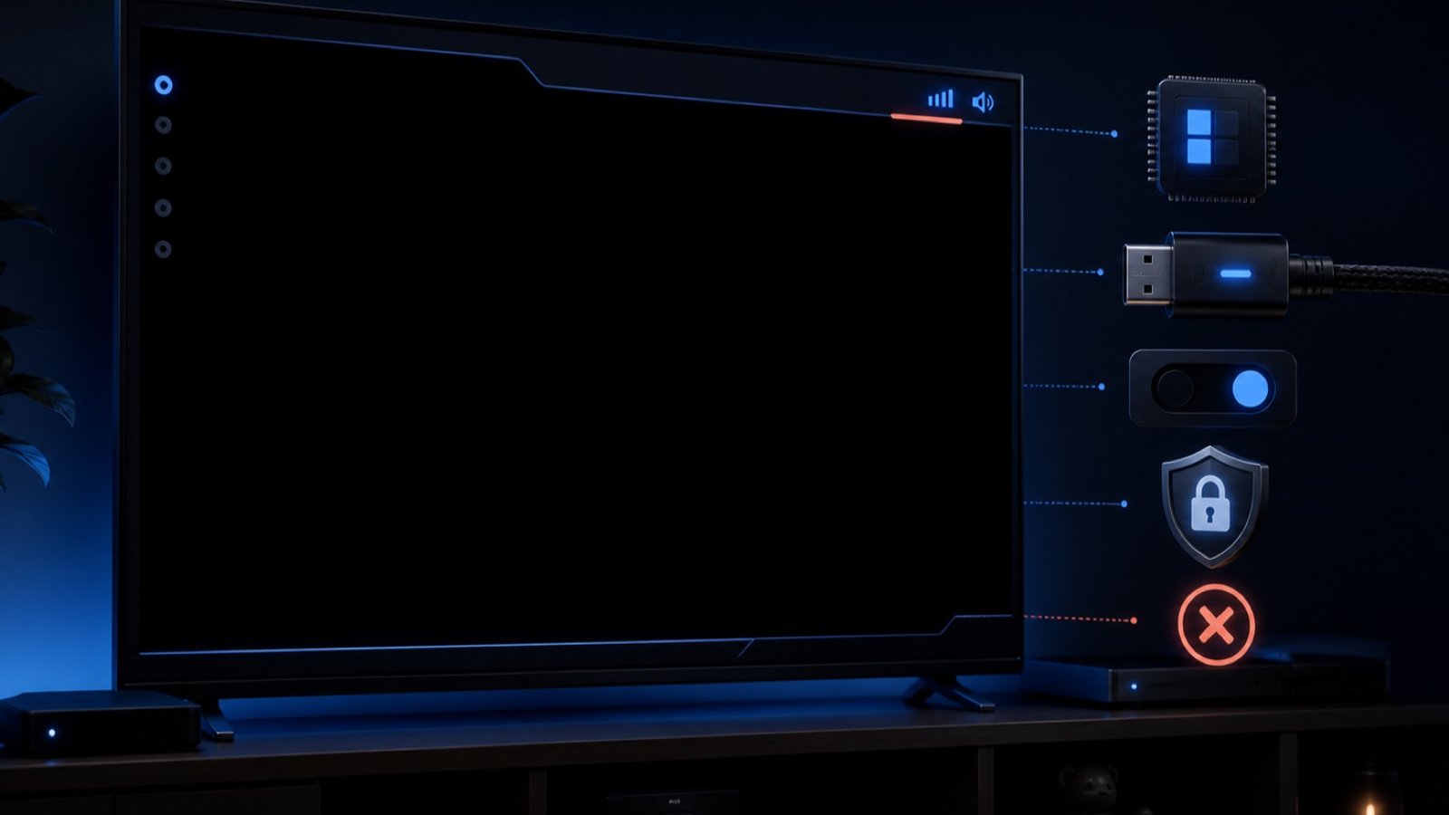 Televisore con schermo nero ma menu e percorso audio-video separati — schermo nero IPTV